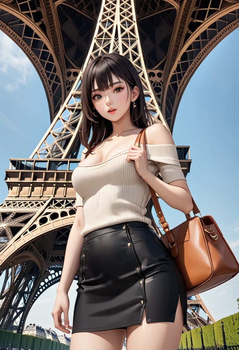 (8K, RAW Photos, Realistic: 1.25), A woman takes a model photo underneath an Eiffel Tower-style tower, Detailed Tower Images, From below:1.3, Black Hair, semi-long, stylish, Tight knit sweater, Cut chest, Shoulder bag, tight fitting skirt, ((Clothes that highlight your sexy body lines)), ((Shoulder bagのベルトが胸の谷間にたすき掛けで挟まれている)), A woman&#39;s chest with her large breasts highlighted by a belt digging into her cleavage, Looking down at the viewer, Elegantly photographing a woman&#39;s lower body, From the groin to the thighs,