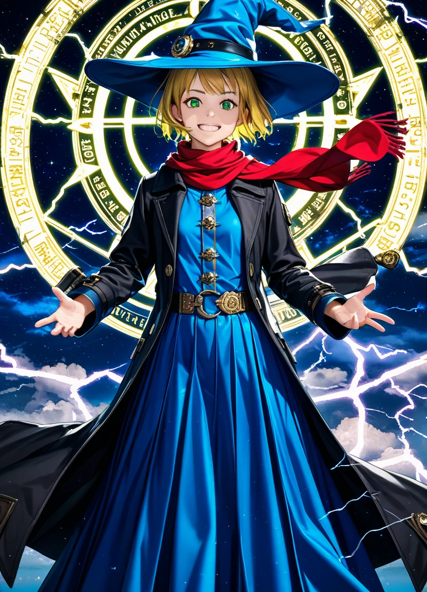 1girl, , small breasts, yeir, green eyes, very short hair, deep blue witch hat, black trench coat, open coat, blue long-sleeved shirt, deep blue long skirt, red scarf, BREAK kawaii, grin, cowboy shot, casting spell, night sky, starry sky, lunar eclipse, magic circle, lightning effect, (wind:1.5), BREAK detailed face, smooth skin, cinematic lighting, volumetric shadow, BREAK 3D CG illustration, score_9, score_8_up, score_7_up, (masterpiece:1.2), (best quality:1.2), (very aesthetic:1.2), (absurdres:1.2), (detailed background), newest, (intricate:1.2), ai-generated, BREAK