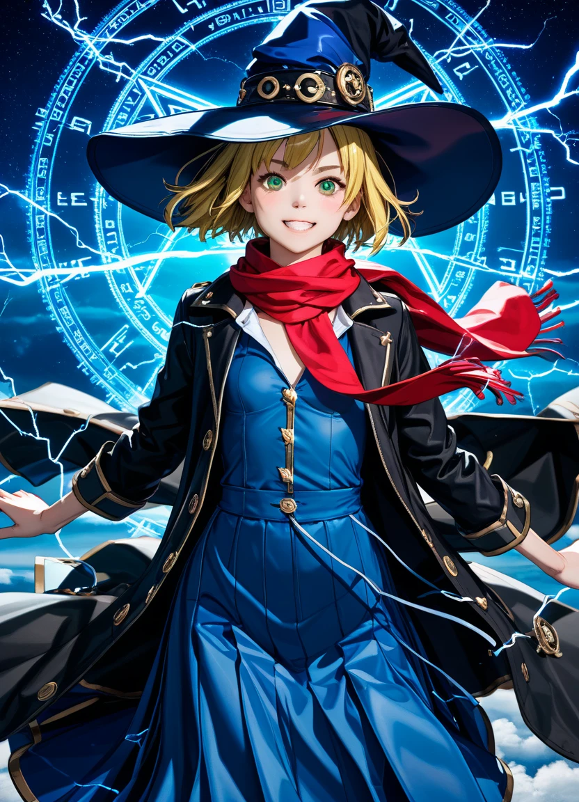 1girl, little girl, small breasts, yellow hair, green eyes, very short hair, deep blue witch hat, black trench coat, open coat, blue long-sleeved shirt, deep blue long skirt, red scarf, BREAK kawaii, grin, cowboy shot, casting spell, night sky, starry sky, lunar eclipse, magic circle, lightning effect, (wind:1.5), BREAK detailed face, smooth skin, cinematic lighting, volumetric shadow, BREAK 3D CG illustration, score_9, score_8_up, score_7_up, (masterpiece:1.2), (best quality:1.2), (very aesthetic:1.2), (absurdres:1.2), (detailed background), newest, (intricate:1.2), ai-generated, BREAK