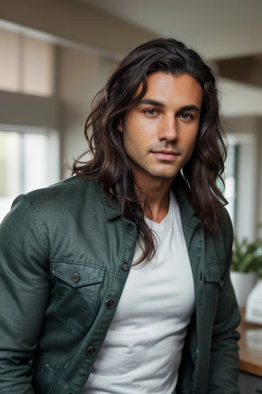 Handsome Man 36, lean muscular body, tan skin olive, his eyes are blue with gray and green flecks, 1.90m, his hair is dark brown with natural waves that flow down his shoulders, a little stubble unshaved, wearing a black jacket, white shirt and jeans
