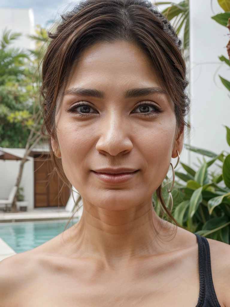 ((Highest quality)), ((8K)), ((masterpiece: 1.3)), (Perfect appearance), (Photorealism: 1.6), (JMA), (AYN), (1人のJapanese ), (Mature relaxing on the cafe terrace), (56 years old, Japanese Mature), ((Ric skin texture)), (Fine lines all over the skin), (Dull skin), (Facial wrinkles), (Wrinkles around the eyes), double eyelid, Tear bags under the eyelids,