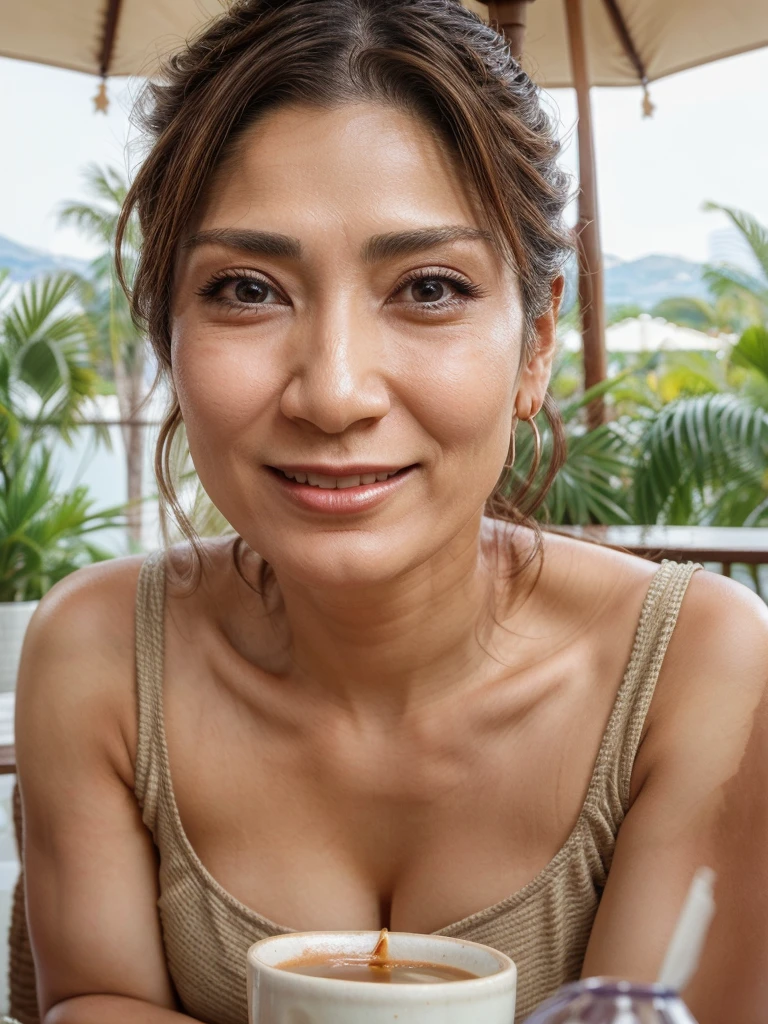 ((Highest quality)), ((8K)), ((masterpiece: 1.3)), (Perfect appearance), (Photorealism: 1.6), (JMA), (AYN), (1人のJapanese Mature), (Mature woman relaxing on the cafe terrace), (56 years old, Japanese Mature), ((Realistic skin texture)), (Fine lines all over the skin), (Dull skin), (Facial wrinkles), (Wrinkles around the eyes), double eyelid, Tear bags under the eyelids,