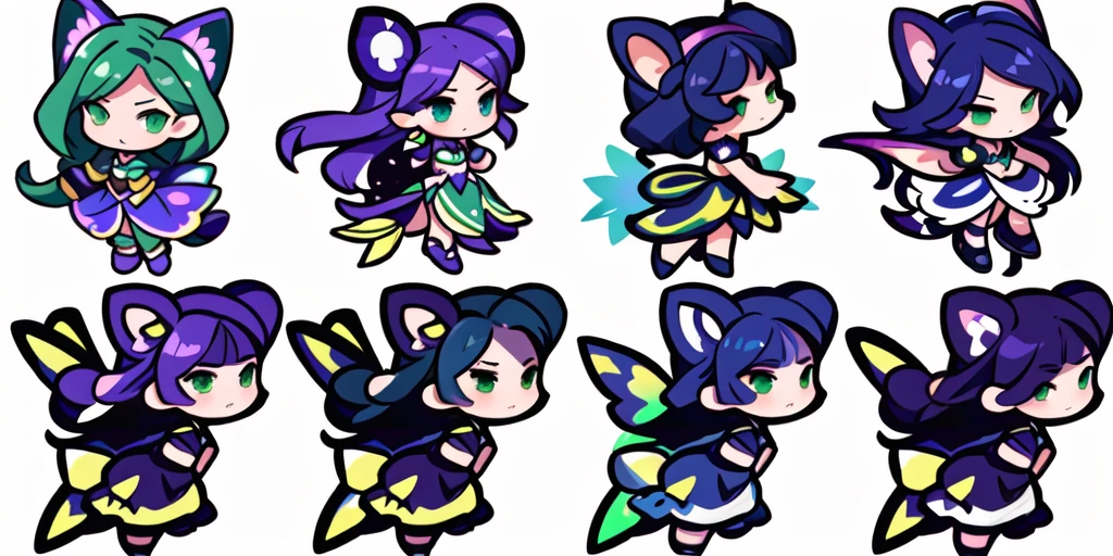 a close up of a cartoon character with different poses, spritesheet, sprite sheet, with familiar sprites, sprites, fairy girl, morgana, default pose neutral expression, twirling, sprite 2 d, shady, green fairy, smol, multiple poses, cute chibi, kawaii