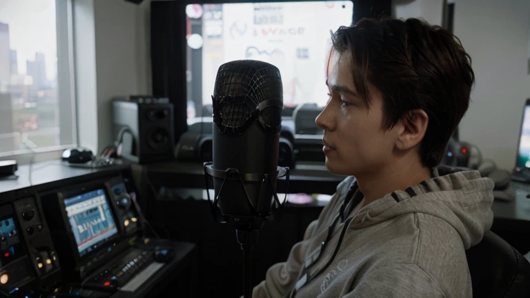 FM Radio Studio Stations, man, Home、short pixie hair、speak into the microphone, realist, full HD, 。.3D, 4k profile picture MAN, Casual clothes, beige hood, 20 years old, Photo taken in profile,
