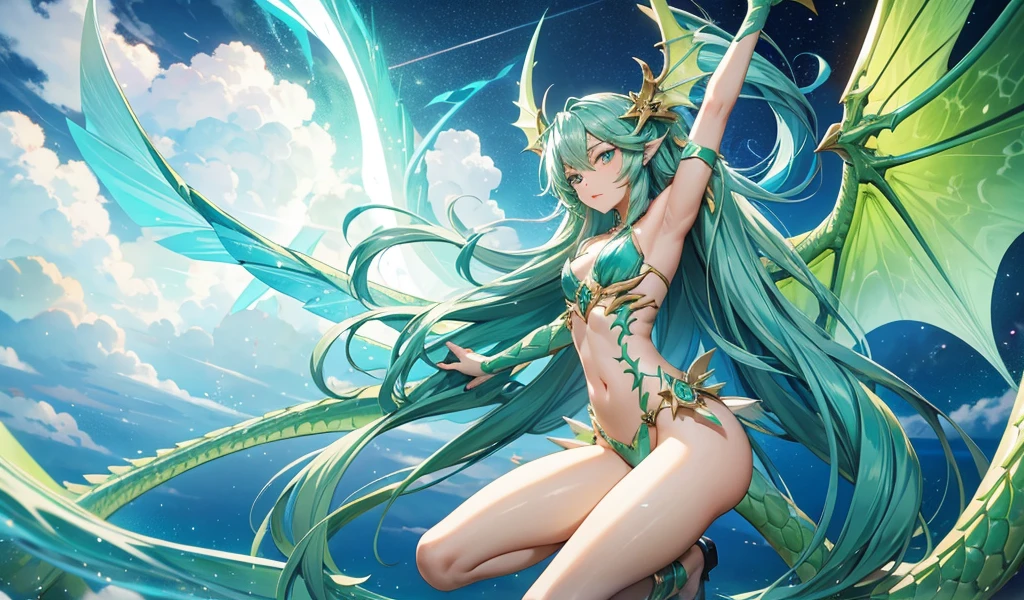 long cyan hair, Flat chested goddess,green dragon corner,cyan dragon wings,cyan dragon scales,Bare Legs,thong,,sky storm