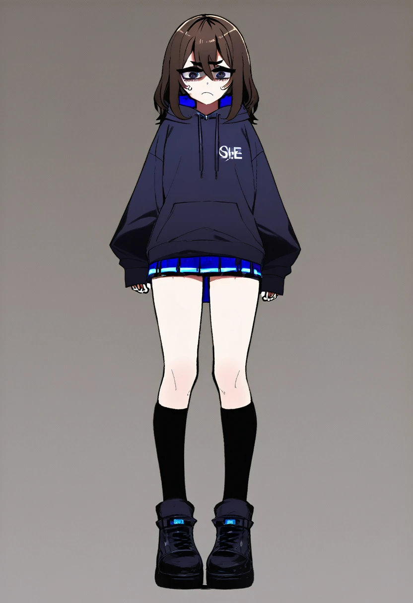 edgy girl with dark brown hair with bags under her eyes, wearing a dark blue hoodie, blue miniskirt and black thigh high socks. She has a grumpy look and a frown on her face. Full body view