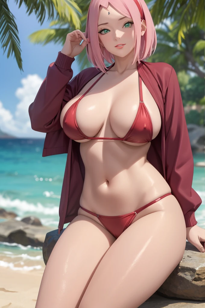 NSFW, (girl),((optimal quality)), ((Masterpiece)), (A detailed: 1.4),face red,perspire,showing niples, fully naked,The ultimate masterpiece,(fidelity:1.2),(sexy),open air bath, (Huge chest), Open crotch, Open legs, (Smooth: 1.1), (Cutes: 0.9), (shiny: 1.1),, red lips, lust face, sakura haruno from naruto anime, cute pose, super small bikini ,g string, very big breast, big ass, detailed lines, 8k image, no blur