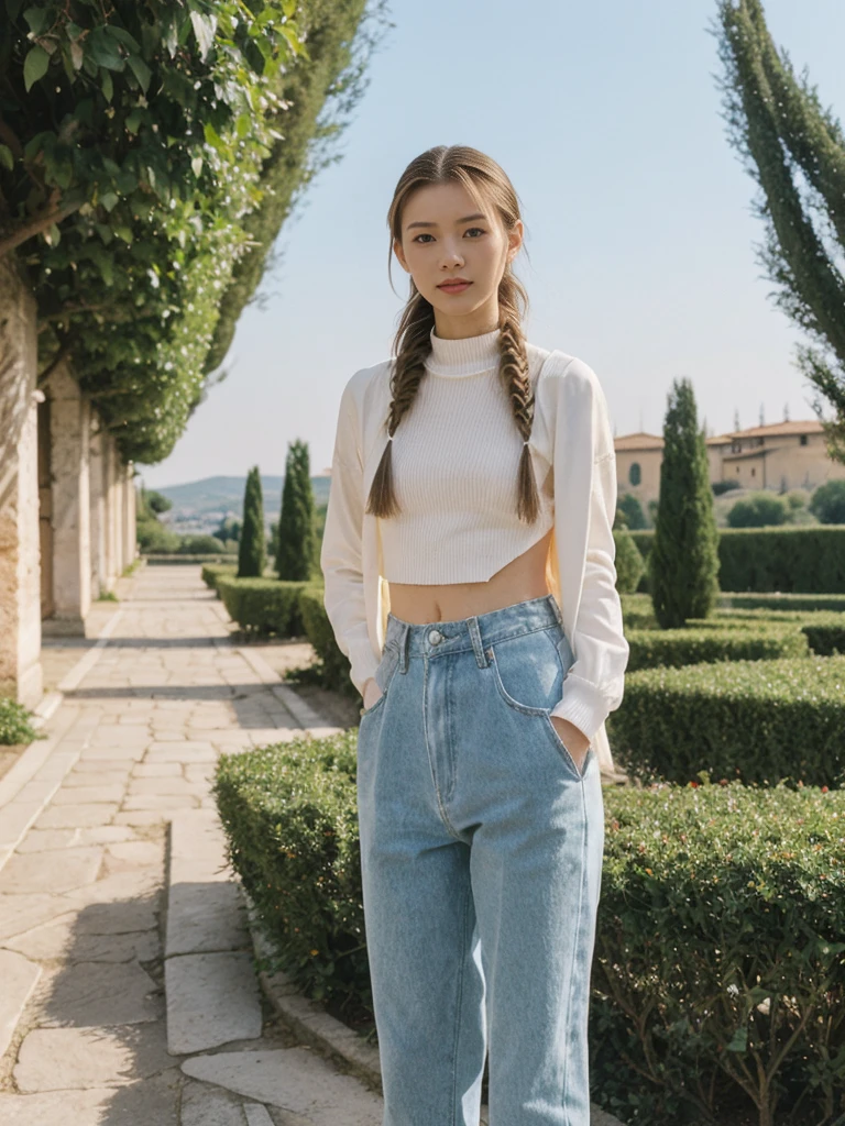 her name is Asako, high quality, 1girl, ((20-year-old fit Caucasian woman)), ((20 years old)), ((slim)), ((Fishtail Braid hair)), pose: standing, wearing edgy Generation-Z modern wear pastel colored, BACKGROUND:"In the Boboli Gardens, with manicured lawns, sculptures, and panoramic views of the Tuscan landscape."