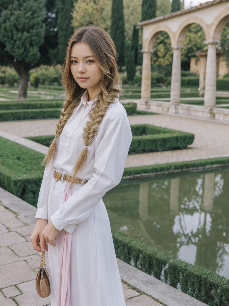 her name is Asako, high quality, 1girl, ((20-year-old fit Caucasian woman)), ((20 years old)), ((slim)), ((Fishtail Braid hair)), pose: standing, wearing edgy Generation-Z modern wear pastel colored, BACKGROUND:"In the Boboli Gardens, with manicured lawns, sculptures, and panoramic views of the Tuscan landscape."