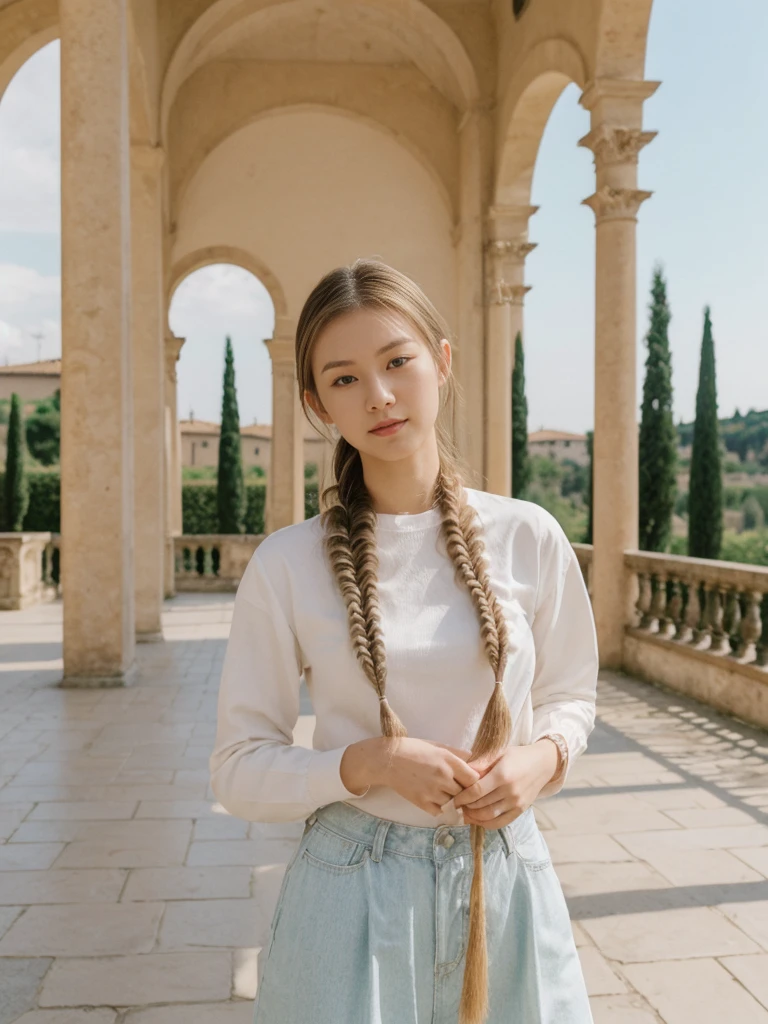 her name is Asako, high quality, 1girl, ((20-year-old fit Caucasian woman)), ((20 years old)), ((slim)), ((Fishtail Braid hair)), pose: standing, wearing edgy Generation-Z modern wear pastel colored, BACKGROUND:"In the Boboli Gardens, with manicured lawns, sculptures, and panoramic views of the Tuscan landscape."