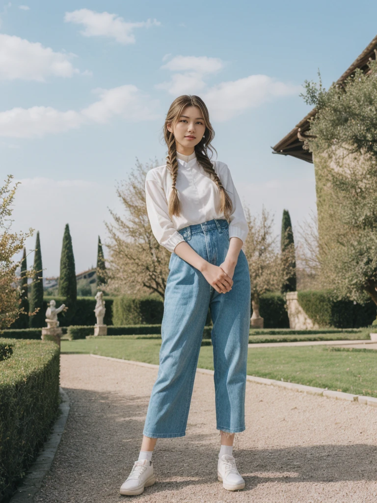 her name is Asako, high quality, 1girl, ((20-year-old fit Caucasian woman)), ((20 years old)), ((slim)), ((Fishtail Braid hair)), pose: standing, wearing edgy Generation-Z modern wear pastel colored, BACKGROUND:"In the Boboli Gardens, with manicured lawns, sculptures, and panoramic views of the Tuscan landscape."