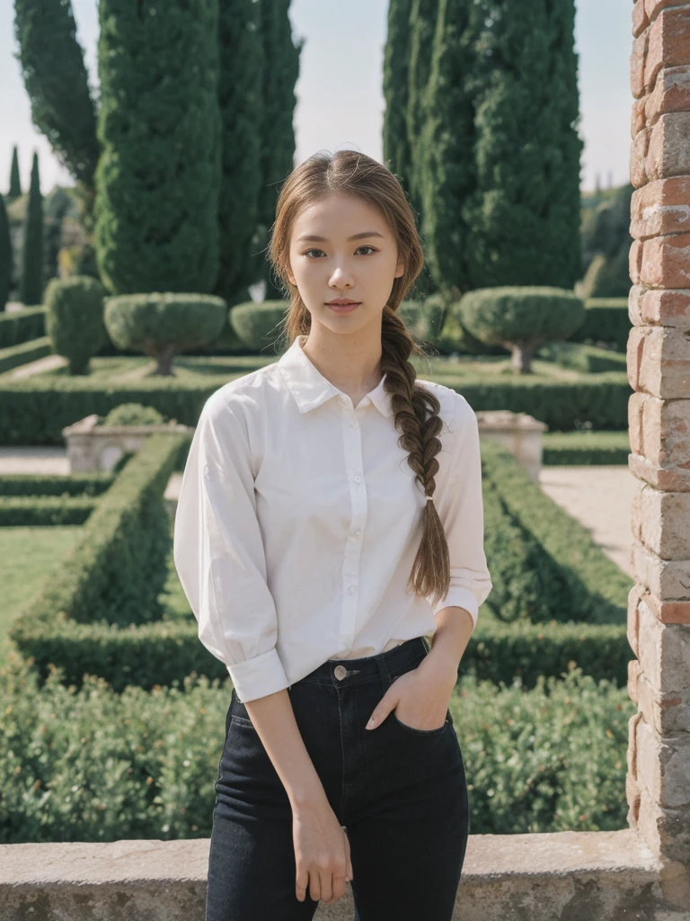 her name is Asako, high quality, 1girl, ((20-year-old fit Caucasian woman)), ((20 years old)), ((slim)), ((Fishtail Braid hair)), pose: standing, wearing edgy Generation-Z modern wear pastel colored, BACKGROUND:"In the Boboli Gardens, with manicured lawns, sculptures, and panoramic views of the Tuscan landscape."