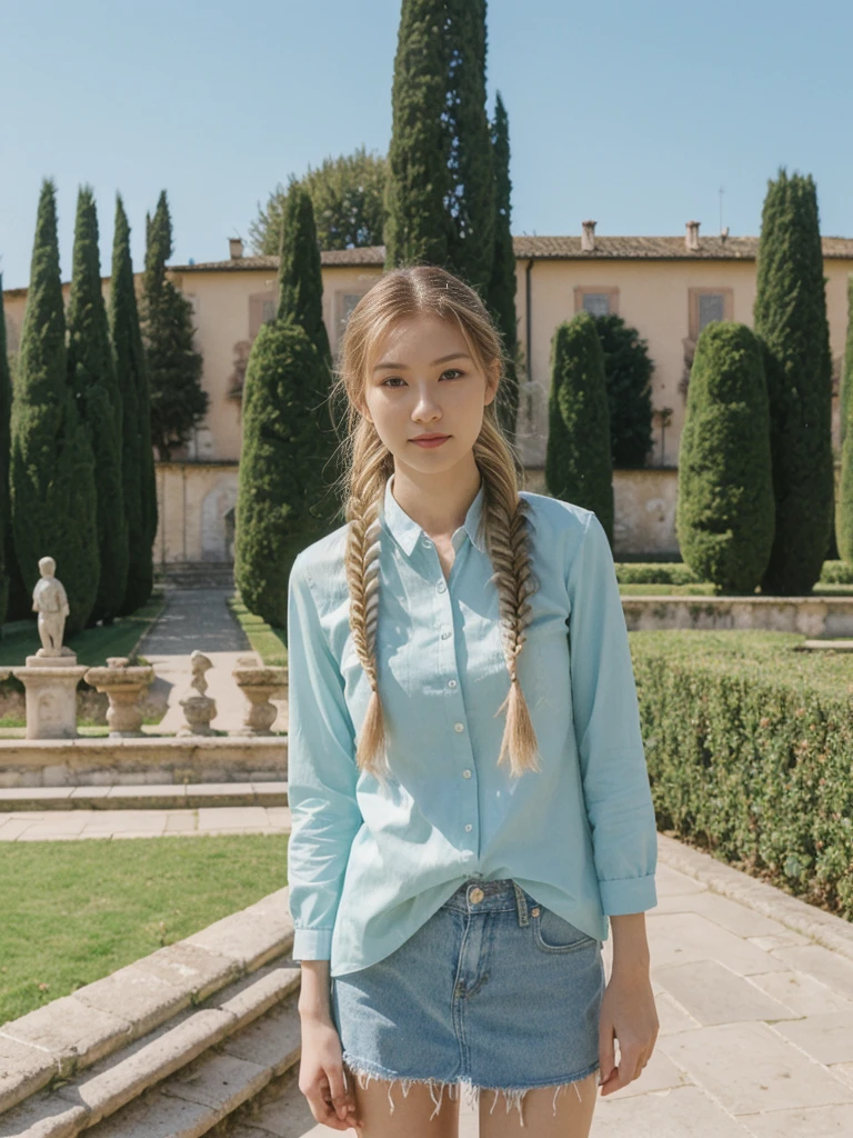 her name is Asako, high quality, 1girl, ((20-year-old fit Caucasian woman)), ((20 years old)), ((slim)), ((Fishtail Braid hair)), pose: standing, wearing edgy Generation-Z modern wear pastel colored, BACKGROUND:"In the Boboli Gardens, with manicured lawns, sculptures, and panoramic views of the Tuscan landscape."