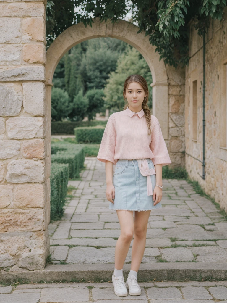 her name is Asako, high quality, 1girl, ((20-year-old fit Caucasian woman)), ((20 years old)), ((slim)), ((Fishtail Braid hair)), pose: standing, wearing edgy Generation-Z modern wear pastel colored, BACKGROUND:"In the Boboli Gardens, with manicured lawns, sculptures, and panoramic views of the Tuscan landscape."