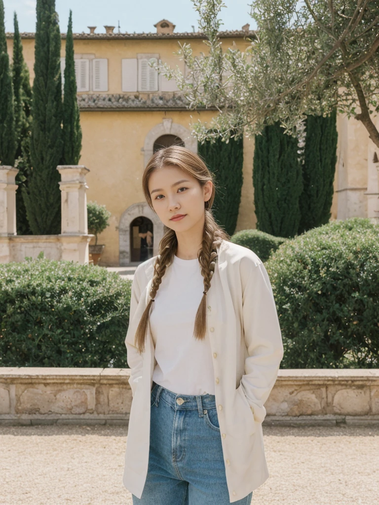 her name is Asako, high quality, 1girl, ((20-year-old fit Caucasian woman)), ((20 years old)), ((slim)), ((Fishtail Braid hair)), pose: standing, wearing edgy Generation-Z modern wear pastel colored, BACKGROUND:"In the Boboli Gardens, with manicured lawns, sculptures, and panoramic views of the Tuscan landscape."