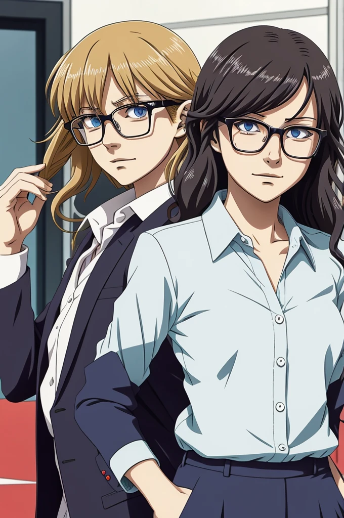 Reigen from mob pyscho 100 in anime style with a girl with wavy hair and glasses