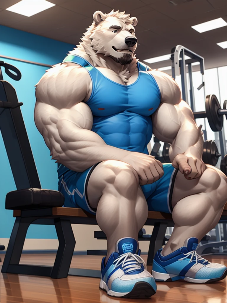 muscular polar bear pumping irons in blue gym shorts, bench sitting, blue gym tank top, ((open) black gym shoes), furry, an anthro (white bear), an anthto, a old man muscular, facial hair, happy expression, extremely detailed muscle, detailed face, face, detailed eyes, eyes, detailed muscle, realistic rendering, CG realistic, 3d realistic, photography, gym fitness center background, biceps curls