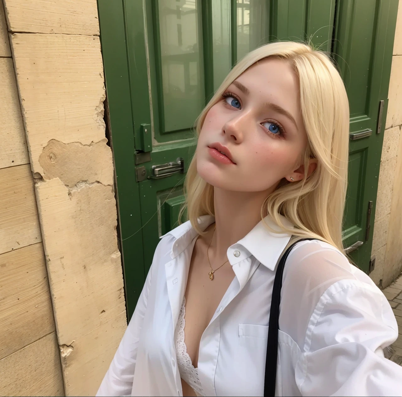 Face of an 18-year-old girl with white skin and blonde hair, blue eyes and long eyelashes , oval face and taken from the front with white light as if it were taken with a hyper-realistic professional camera