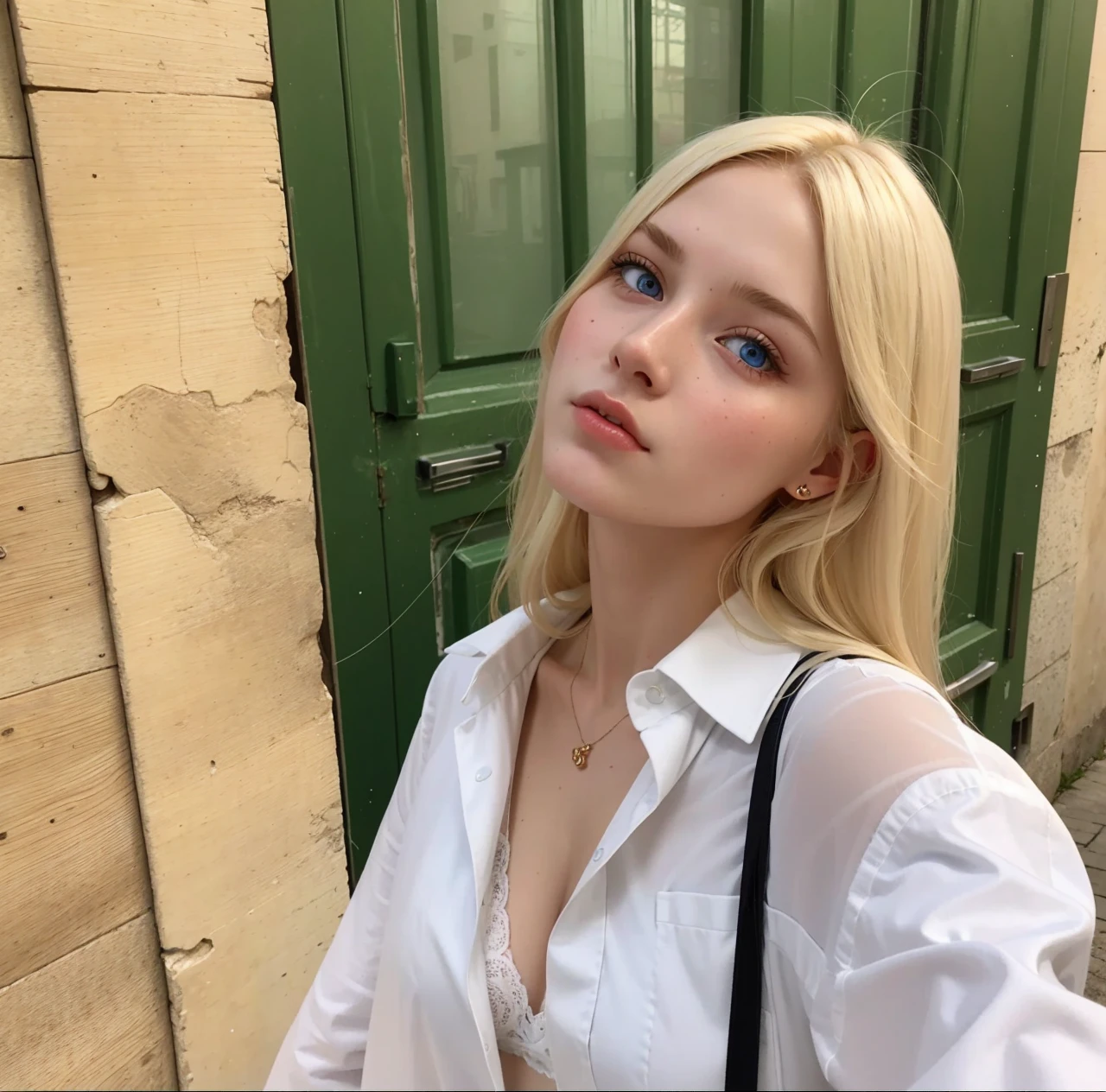 Face of an 18-year-old girl with white skin and blonde hair, blue eyes and long eyelashes , oval face and taken from the front with white light as if it were taken with a hyper-realistic professional camera