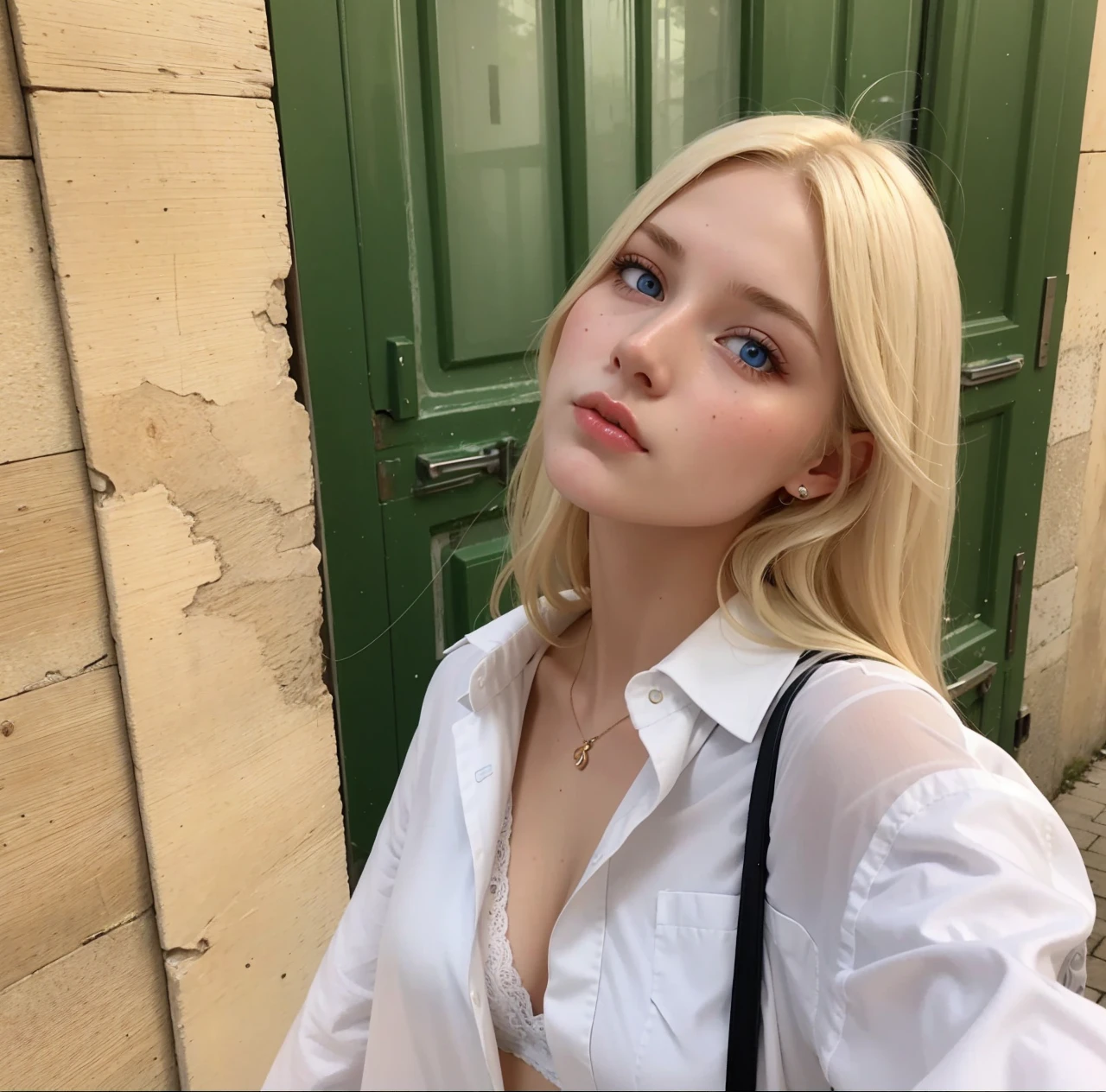 Face of an 18-year-old girl with white skin and blonde hair, blue eyes and long eyelashes , oval face and taken from the front with white light as if it were taken with a hyper-realistic professional camera