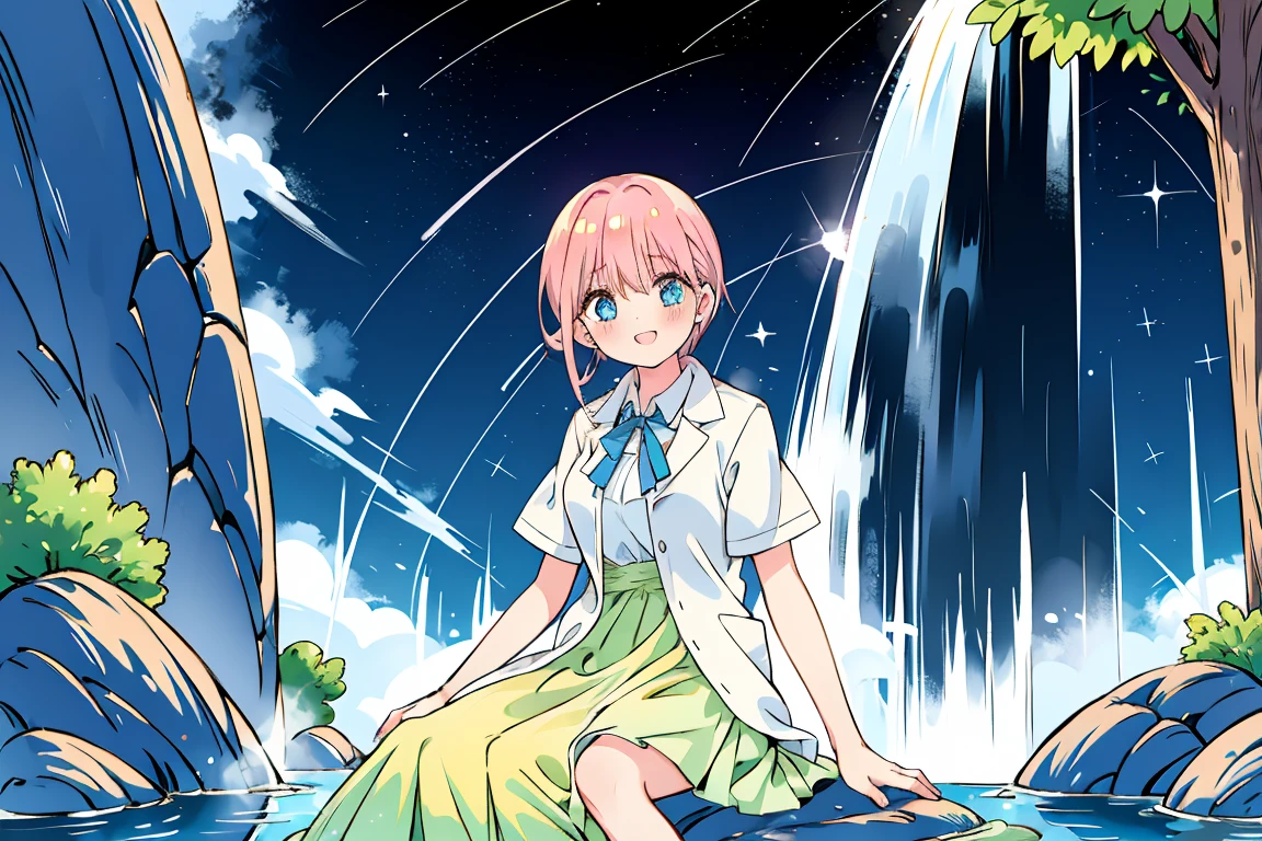 Scenery, light blue sky, 1girl, ichika sitting in the waterfalls, cloud, sitting on rocks in the middle of the waterfall, magical photography, ultra-detailed, 4k, Depth of field, High-resolution, outdoors, starry night sky, starts made of iridescent tears, pastel aesthetic colors, sfw, nakano_ichika, aaichika, Nakano ichika sitting in the waterfall, short silky pink hair, masterpiece, 4k, ultradetailed, cowboy shot, nakano ichika, blue eyes, sparkling eyes, green bowtie, veiled pretty iridescent dress, minimal dress, attractive confident smile, happy, cute, Official art、Beautifully Aesthetic:1.2)、(a beauty girl:1.3)、vivid colours、colourful, Soft Light, Deep Focus Bokeh, fantasy, galaxy, sparkling, splendid, colorful, dramatic lighting, intricate details, (1 girl, solo, alone), intricate details, sfw, nakano_ichika, sparkling eyes, laughing happily, crystal, fantasy, shimmering, sparkling, splendid, colorful, bright colours. fix her hands