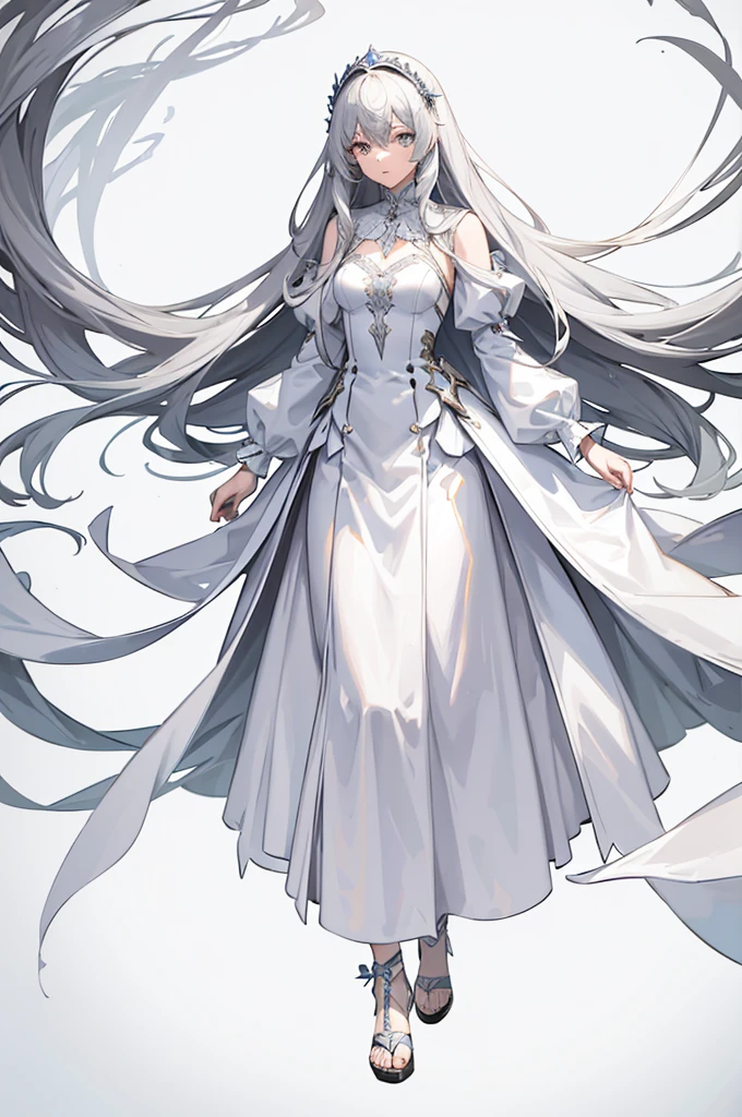 1woman, tall, long silver hair, white dress, standing on ground, high res, ultra sharp, 8K, masterpiece