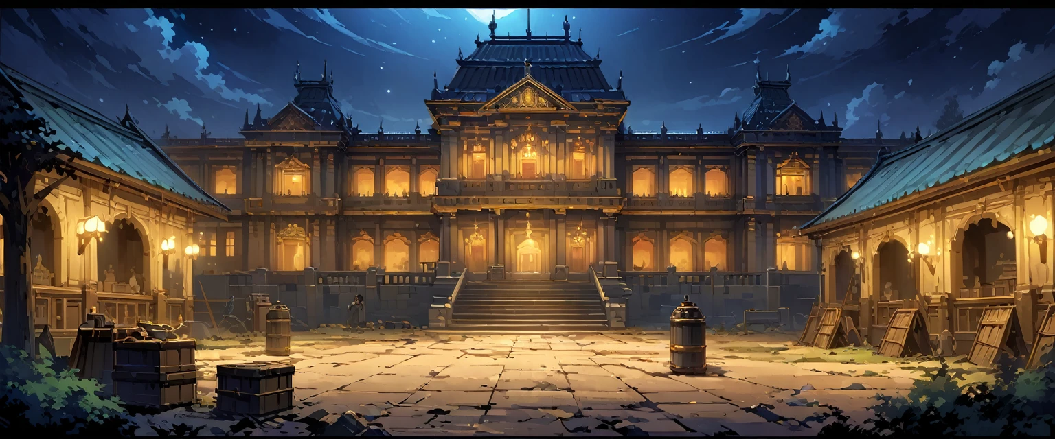Royal Palace，欧洲中世纪的Royal Palace。Royal Palace内有士兵在城堡外面巡逻，Soldiers are training in the military camp。night，Night view。Mid-ground composition，Panorama pictures，Scene screen，Game concept art style，Anime illustration style，HD，4K。