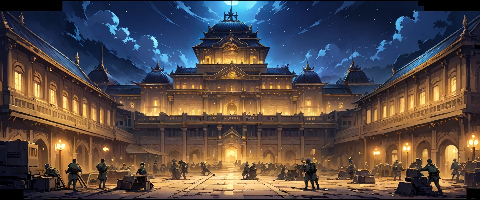 Royal Palace,欧洲中世纪的Royal Palace。Royal Palace内有士兵在城堡外面巡逻,Soldiers are training in the military camp。night,Night view。Mid-ground composition,Panorama pictures,Scene screen,Game concept art style,Anime illustration style,HD,4K。