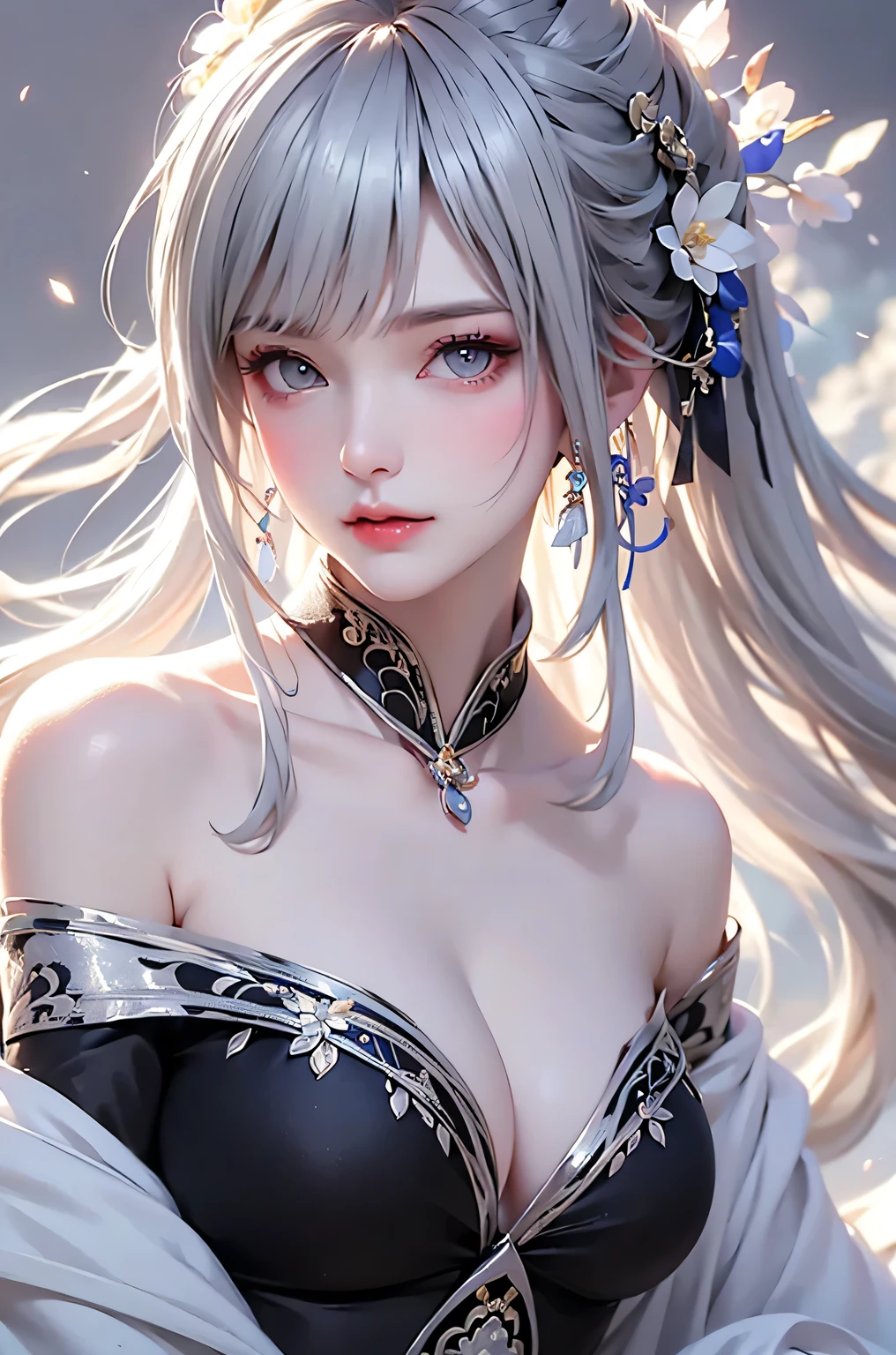 super high quality, masterpiece, Perfect illustration, Very detailed、8k wallpaper, Very detailed (Exquisite light and shadow, Very dramatic photo,Backlight) , ((Gray Hair:1.5))1 Girl, alone, (Wearing Han clothes, Royalty、Black and white Hanfu,Thick fabric,Long sleeve) Flower Field, Flowers, (White smoke:1.3) (Realistic:1.4),  (Dynamic Angle: 1.4), Glowing Skin, (Floating colorful flashes: 1) The most beautiful chaotic shapes, elegant, Brutalist Design, Bright colors, Romantic Depth of Field Exotic_dance, half_naked、((Off the shoulder、Medium Chest、Beautiful cleavage))Touching lips