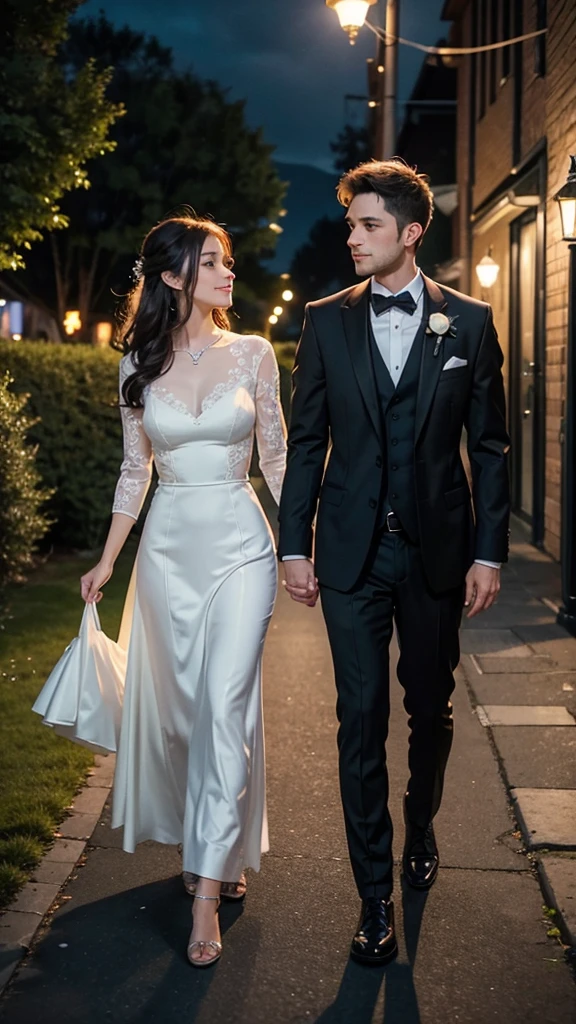 Image of the couple dressed up, enjoying a candlelit dinner or strolling hand-in-hand in a scenic location.