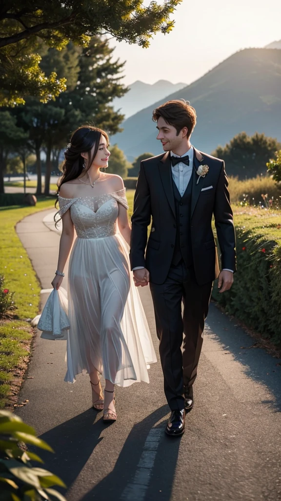 Image of the couple dressed up, enjoying a candlelit dinner or strolling hand-in-hand in a scenic location.