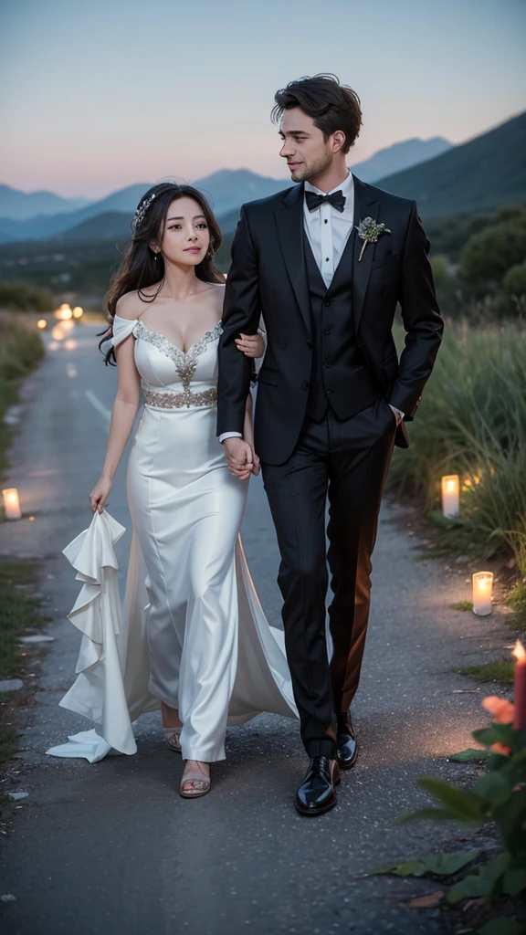 Image of the couple dressed up, enjoying a candlelit dinner or strolling hand-in-hand in a scenic location.