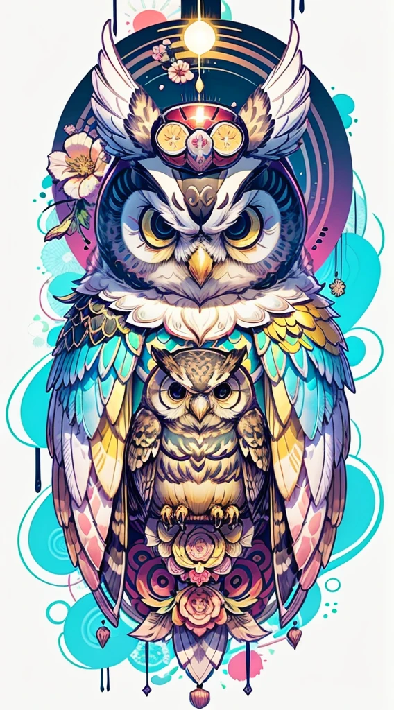 Japanese lucky charms、Owl illustration The owl is painted in rainbow colors with a gradient design. The owl is gorgeous.、Smiling。
To the viewer、A gorgeous design that brings happiness. A very cool, chic and modern design. The background is white 4K.