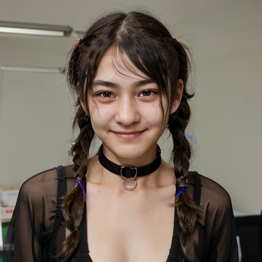 15 year old girl with medium length black hair, children's pigtails hair, Asian facial structure, happy expression, she wearing a sheer tight bussines suit, dog collar, visible nipples, marked nipples, she in a office,