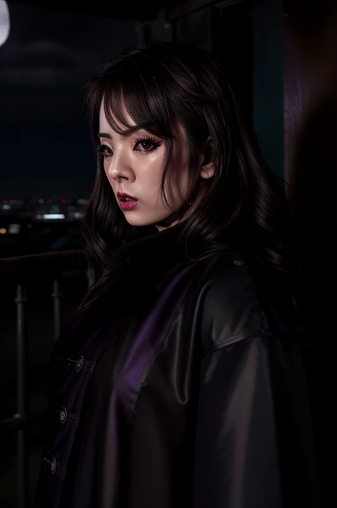 photo realist, horror themed, Underworld Theme, dark element, high quality realistic masterpiece,1 girl, (comely) Japanese woman,Chloe Cherry Lips, lip filler, face detailed, 27 year old, symmetrical eyes,symmetrical face,subtle vampire fangs, violet eyes, long wavy black hair, walking in the dark, misty, misty, moonlit alley,Cloudy moon room in sky in background, moonlit,with fog and shadows, frightful,natta,cinematic lighting,Dress conservatively, wearing a deep purple lace top & black double breasted coat (buttoned up) black closed coat, black medium length black skirt., Fix your hands, Detailed lips