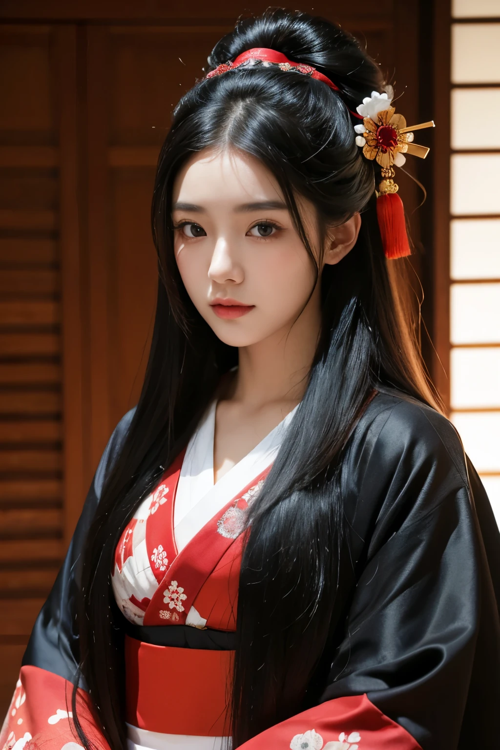 a girl with long hair, red and black hair, looking forward, beautiful face, masterpiece, best quality, kimono clothing, korean girl, black eyes, masterpiece, portrait, best quality, ultra detail. 