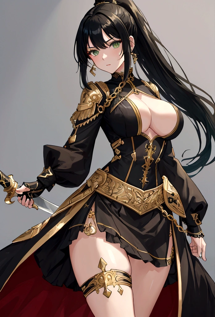 masterpiece, best quality, detailed clothes,1girl, green eyes, black hair, solo, long hair, ponytail, bangs, large breasts, black and gold standard low cut, v-cut dress with skirt, fighting, holding broadsword/greatsword