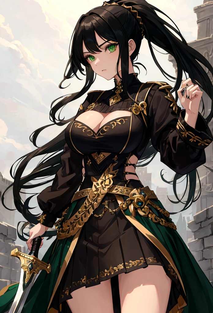 masterpiece, best quality, detailed clothes,1girl, green eyes, black hair, solo, long hair, ponytail, bangs, large breasts, black and gold standard low cut, v-cut dress with skirt, fighting, holding broadsword/greatsword