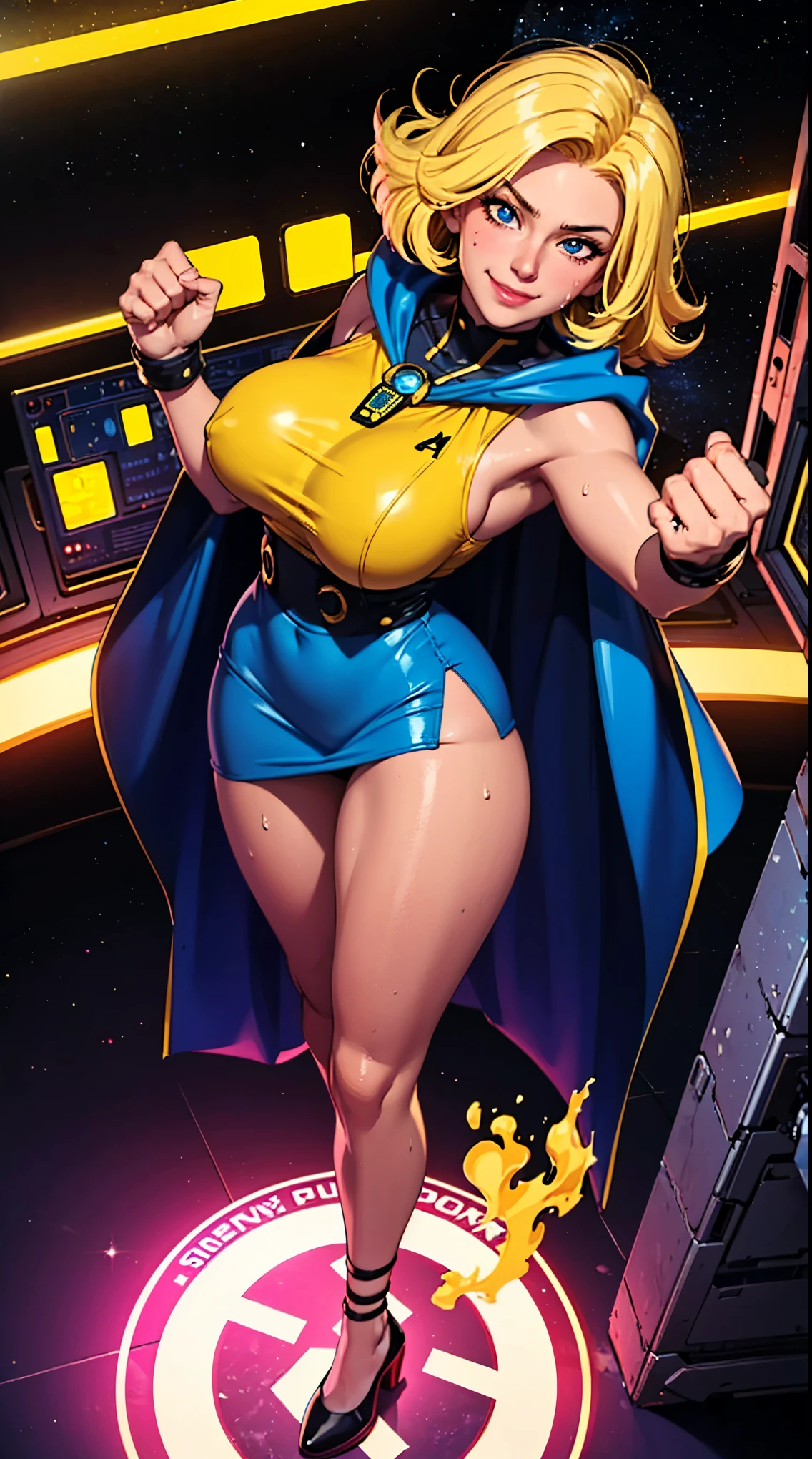 Digital painting of a woman with royal blue and yellow hair, super hero, muscle girl, pose, fist up, ((from above)), 1knee up, Behance Contest Winner, Afrofuturism, Synthwave, neon, glowing neon, sagging massive breasts, mini skirt, cape, sweat, glossy silky skin, smile,  in space, 