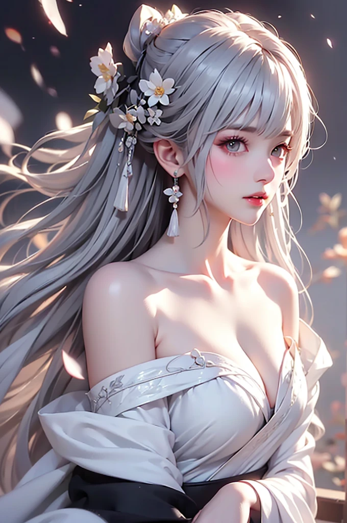 super high quality, masterpiece, Perfect illustration, Very detailed、8k wallpaper, Very detailed (Exquisite light and shadow, Very dramatic photo,Backlight) , ((Gray Hair:1.5))1 Girl, alone, (Wearing Han clothes, Royalty、Black and white Hanfu,Thick fabric,Long sleeve) Flower Field, Flowers, (White smoke:1.3) (Realistic:1.4), (Dynamic Angle: 1.4), Glowing Skin, (Floating colorful flashes: 1) The most beautiful chaotic shapes, elegant, Brutalist Design, Bright colors, Romantic Depth of Field Exotic_dance, half_naked、((Off the shoulder、Medium Chest、Beautiful cleavage、Touching lips))