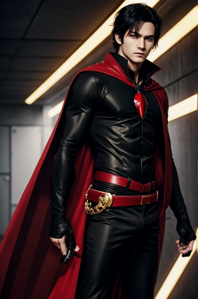 White skin anime man black eyes,black hair with a black and red cape, with black shirt,black pants and two golden guns