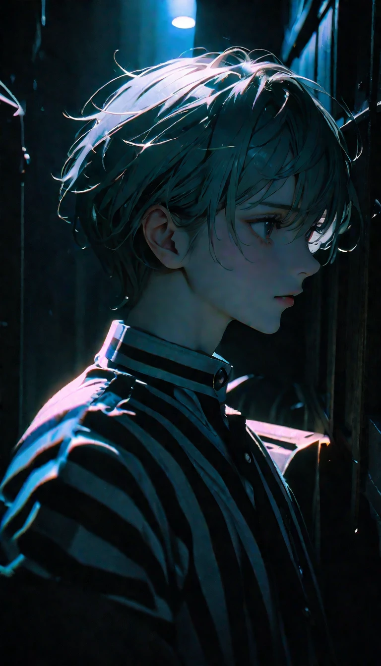 (8K, RAW photos, best quality, masterpiece: 1.4), (((The boy looked around))),Ultra-high resolution, Extremely detailed, Dim Lights, Upper body close-up, handsome boy, black eyes, (delicate eyes, Eyes are bright:1.2), Gray short hair, Fair skin,dark, Black and white striped prison uniform,Black and white striped prison pants,(perfect anatomy:1.2), High-quality shadows, Natural Lighting, (White highlights:1.2), night, cloudy day, (Dimly lit cells:1.2), (Metal walls all around:1.2)