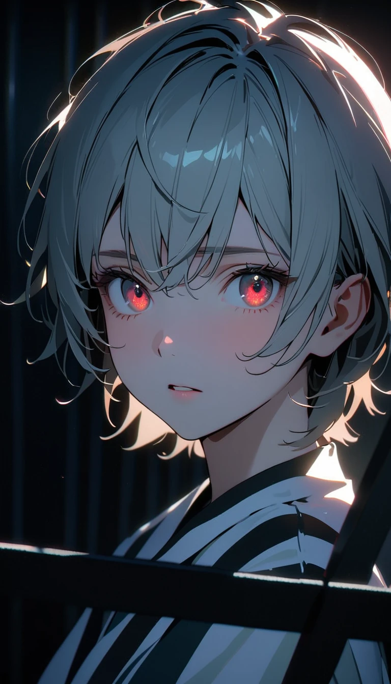 (8K, RAW photos, best quality, masterpiece: 1.4), (((The boy looked around))),Ultra-high resolution, Extremely detailed, Dim Lights, Upper body close-up, handsome boy, black eyes, (delicate eyes, Eyes are bright:1.2), Gray short hair, Fair skin,dark, Black and white striped prison uniform,Black and white striped prison pants,(perfect anatomy:1.2), High-quality shadows, Natural Lighting, (White highlights:1.2), night, cloudy day, (Dimly lit cells:1.2), (Metal walls all around:1.2)