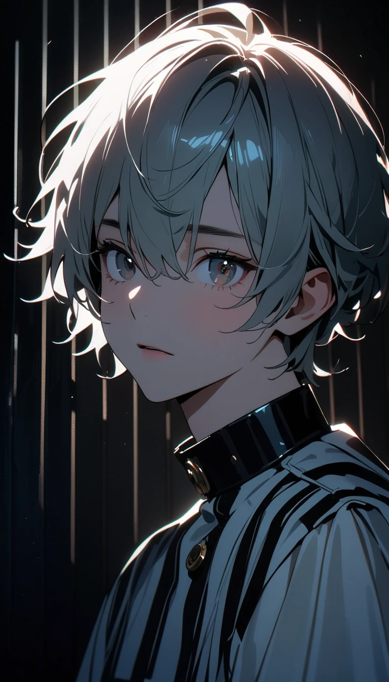 (8K, RAW photos, best quality, masterpiece: 1.4), (((The boy looked around)))，Ultra-high resolution, Extremely detailed, Dim Lights, Upper body close-up, handsome boy, black eyes, (delicate eyes, Eyes are bright:1.2), Gray short hair, Fair skin,dark, Black and white striped prison uniform,Black and white striped prison pants,(perfect anatomy:1.2), High-quality shadows, Natural Lighting, (White highlights:1.2), night, cloudy day, (Dimly lit cells:1.2), (Metal walls all around:1.2)