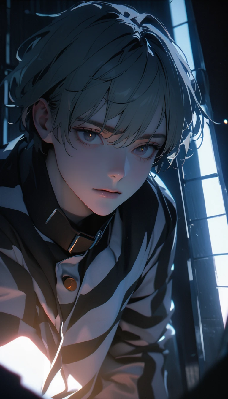 (8K, RAW photos, best quality, masterpiece: 1.4), (((The boy looked around))),Ultra-high resolution, Extremely detailed, Dim Lights, Upper body close-up, handsome boy, black eyes, (delicate eyes, Eyes are bright:1.2), Gray short hair, Fair skin,dark, Black and white striped prison uniform,Black and white striped prison pants,(perfect anatomy:1.2), High-quality shadows, Natural Lighting, (White highlights:1.2), night, cloudy day, (Dimly lit cells:1.2), (Metal walls all around:1.2)