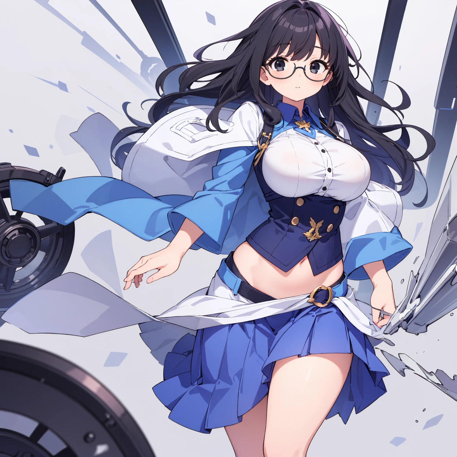 (((High quality))), 1girl, solo, black hair, messy hair, bangs, black eyes, large breasts, wide hips, tall, thick thighs, white blouse, blue skirt, round glasses