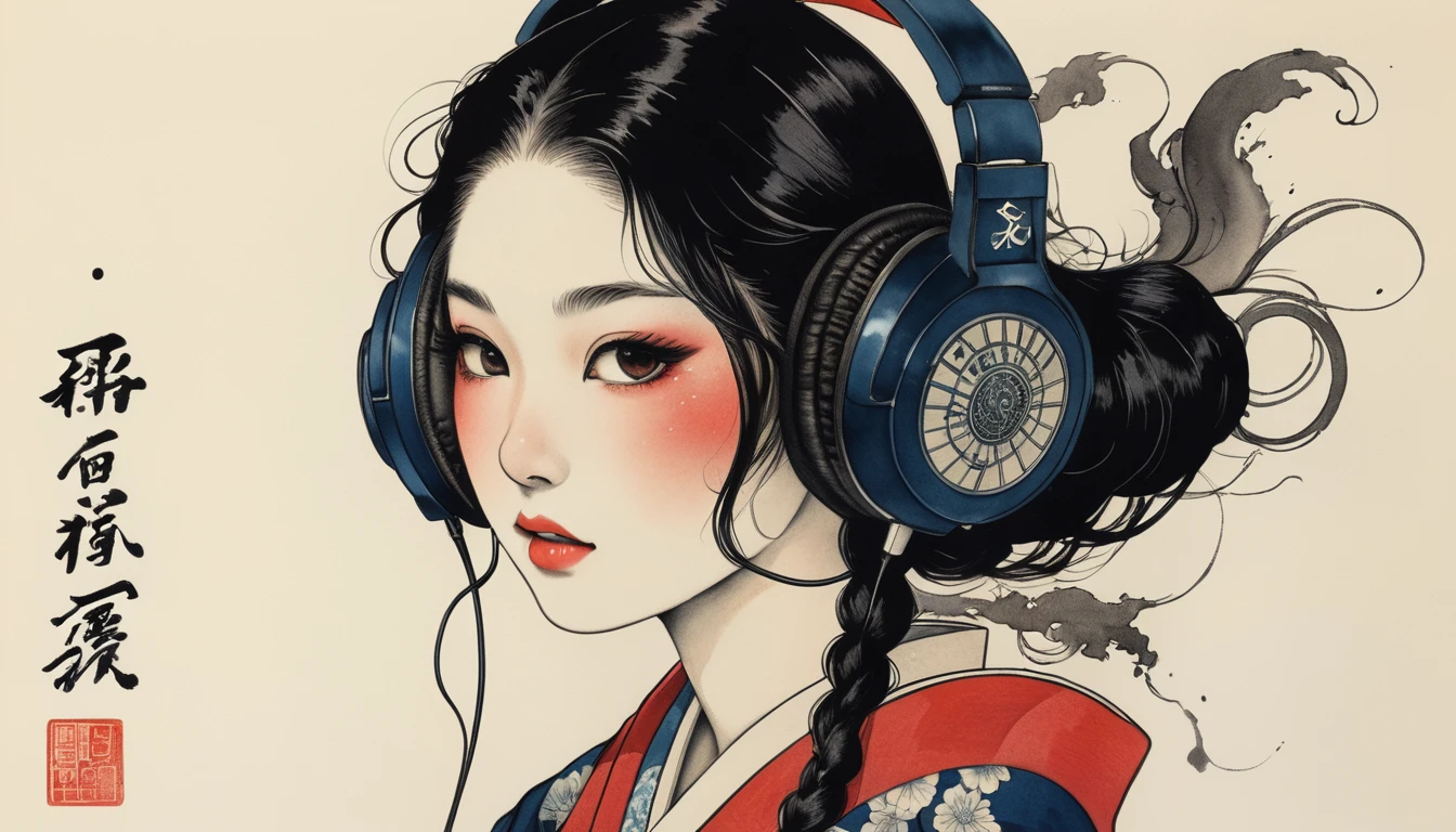 Fox Mask, TATOO on the face, Highest quality, Katsushika Hokusai, Ink Painting, (((1 girl))), Japanese style headphones, beautiful girl, Black Hair, Delicate and precise, Modern ukiyo-e style, Darkness