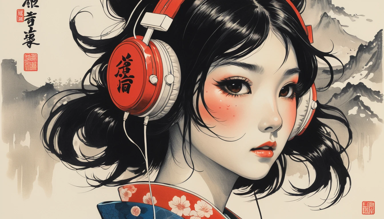 Fox Mask, TATOO on the face, Highest quality, Katsushika Hokusai, Ink Painting, (((1 girl))), Japanese style headphones, beautiful girl, Black Hair, Delicate and precise, Modern ukiyo-e style, Darkness