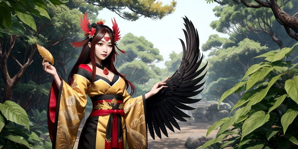 Beautiful female Tengu（1 person）、Large Breastuscular、Golden big leaves、Feather、4K、Real、high resolution
