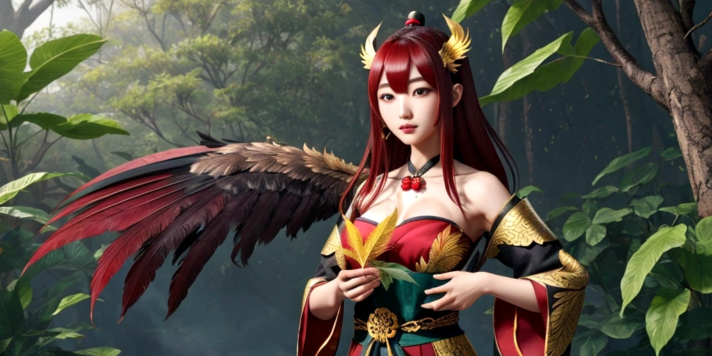 Beautiful female Tengu（1 person）、Large Breastuscular、Golden big leaves、Feather、4K、Real、high resolution